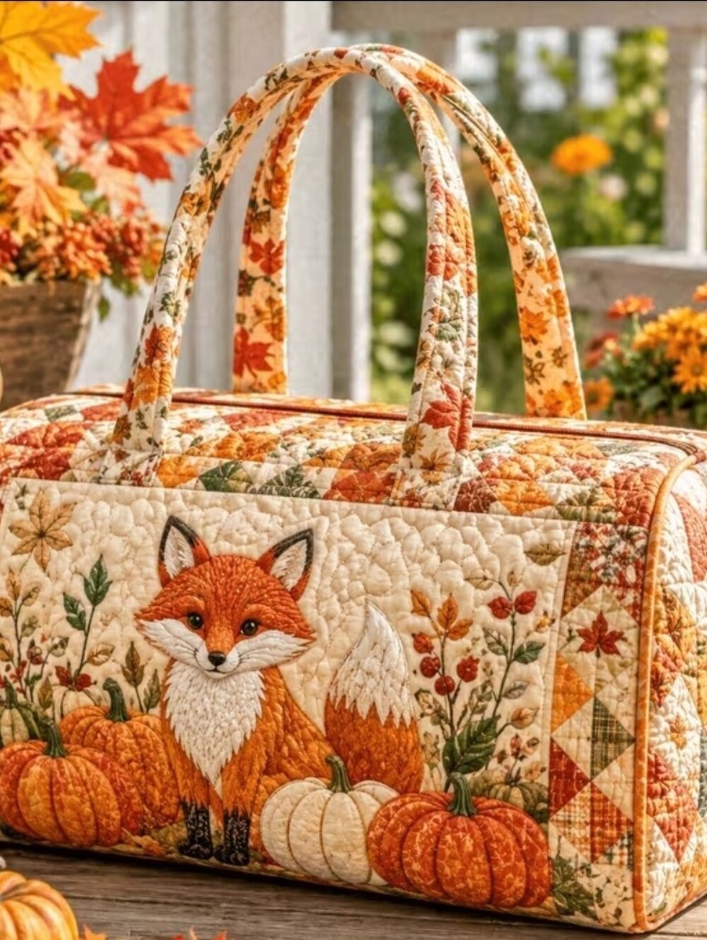 Quilted Autumn Fox Patchwork Travel Bag Tote NEW. 16"x8"x8" Fall Alert!